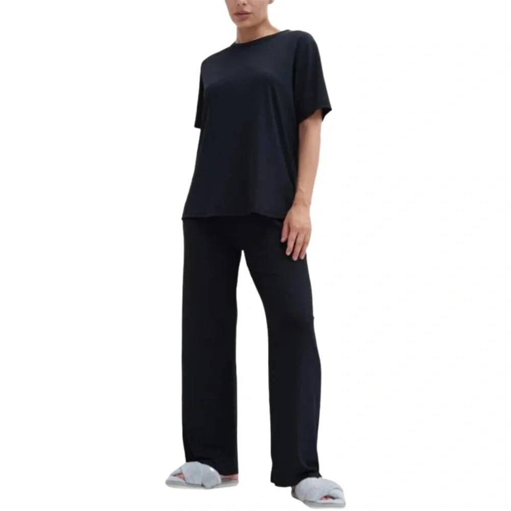 Talmont Women's Silky Short Sleeve Pajama Sets - Black - Picture 1 of 4